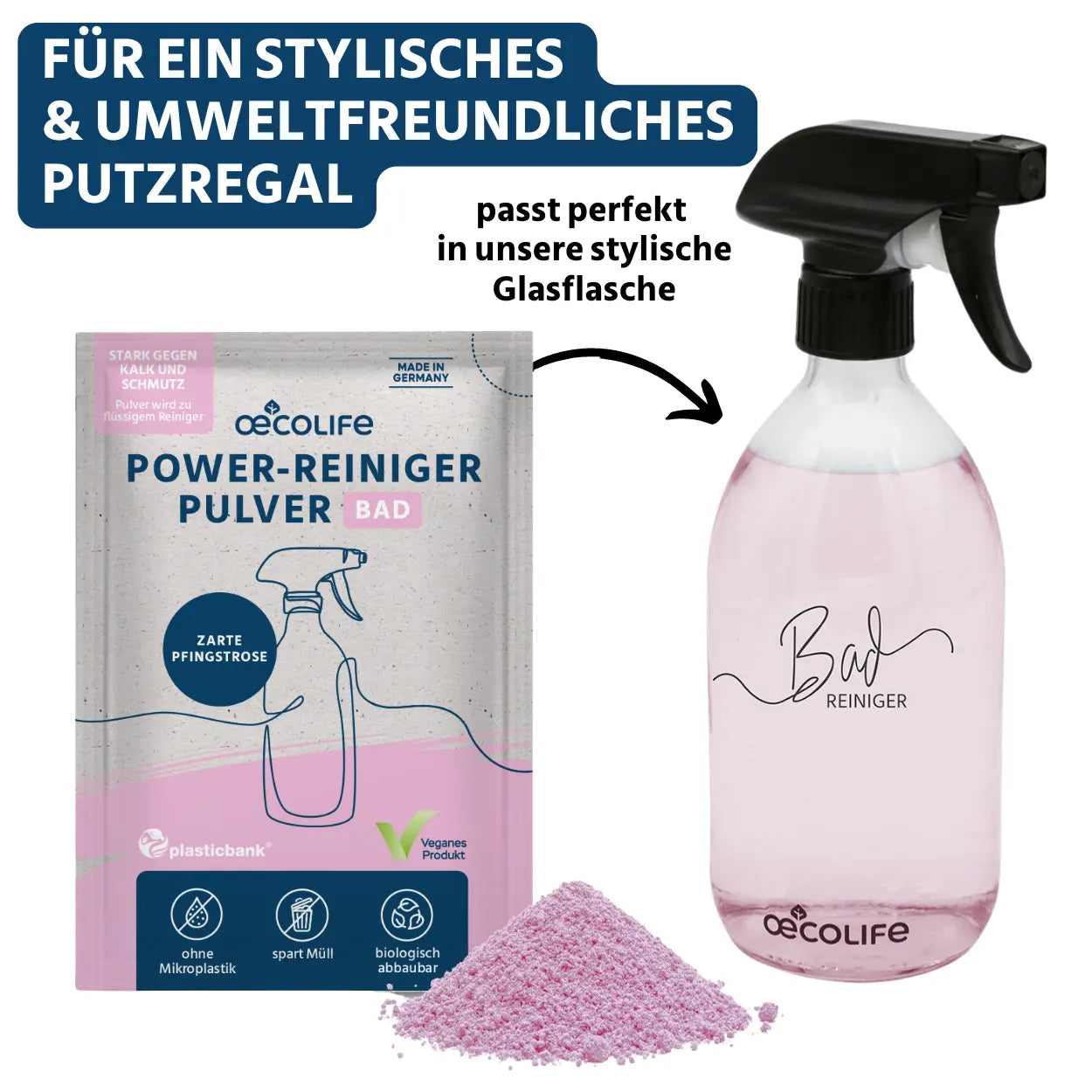 Badreiniger Set mit Glasflasche - für ein stylisches und umweltfreundliches Putzregal