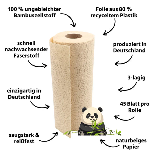 Küchentücher aus Bambuszellstoff, alle Vorteile auf einen Blick: 
100 % ungebleichter Bambuszellstoff, Folie aus 80 % recyceltem Plastik, schnell nachwachsender Faserstoff, produziert in Deutschland, 3-lagig, einzigartig in Deutschland, 45 Blatt pro Rolle, saugstark & reißfest, naturbeiges Papier