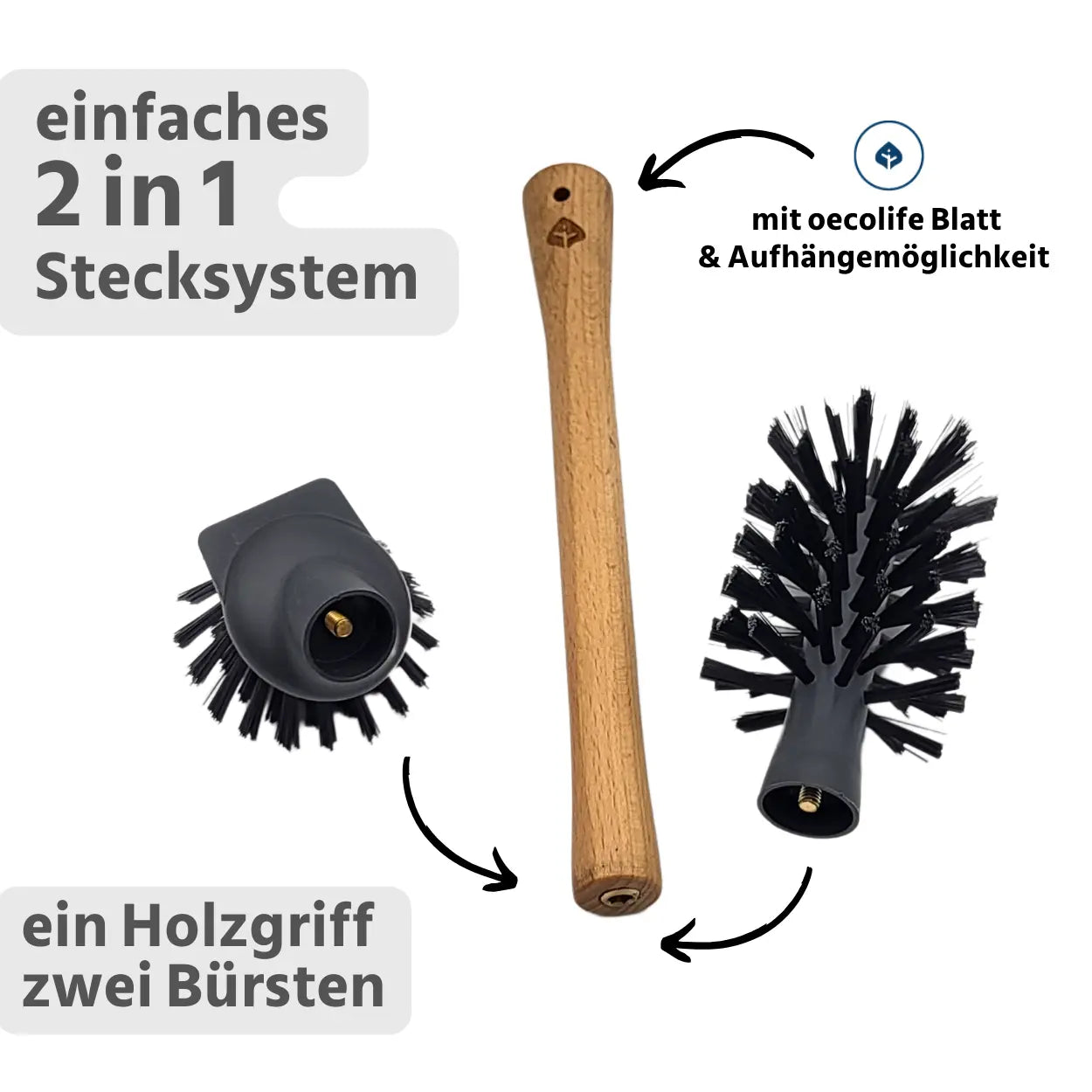 Spülbürste einfaches Stecksystem - Holzgriff mit zwei Bürsten