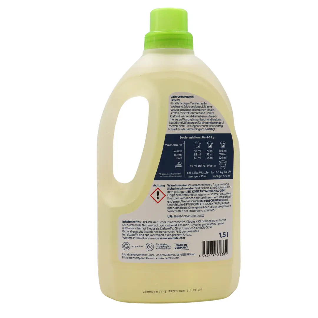 oecolife Color Waschmittel Limette Rückseite mit Produktinformationen