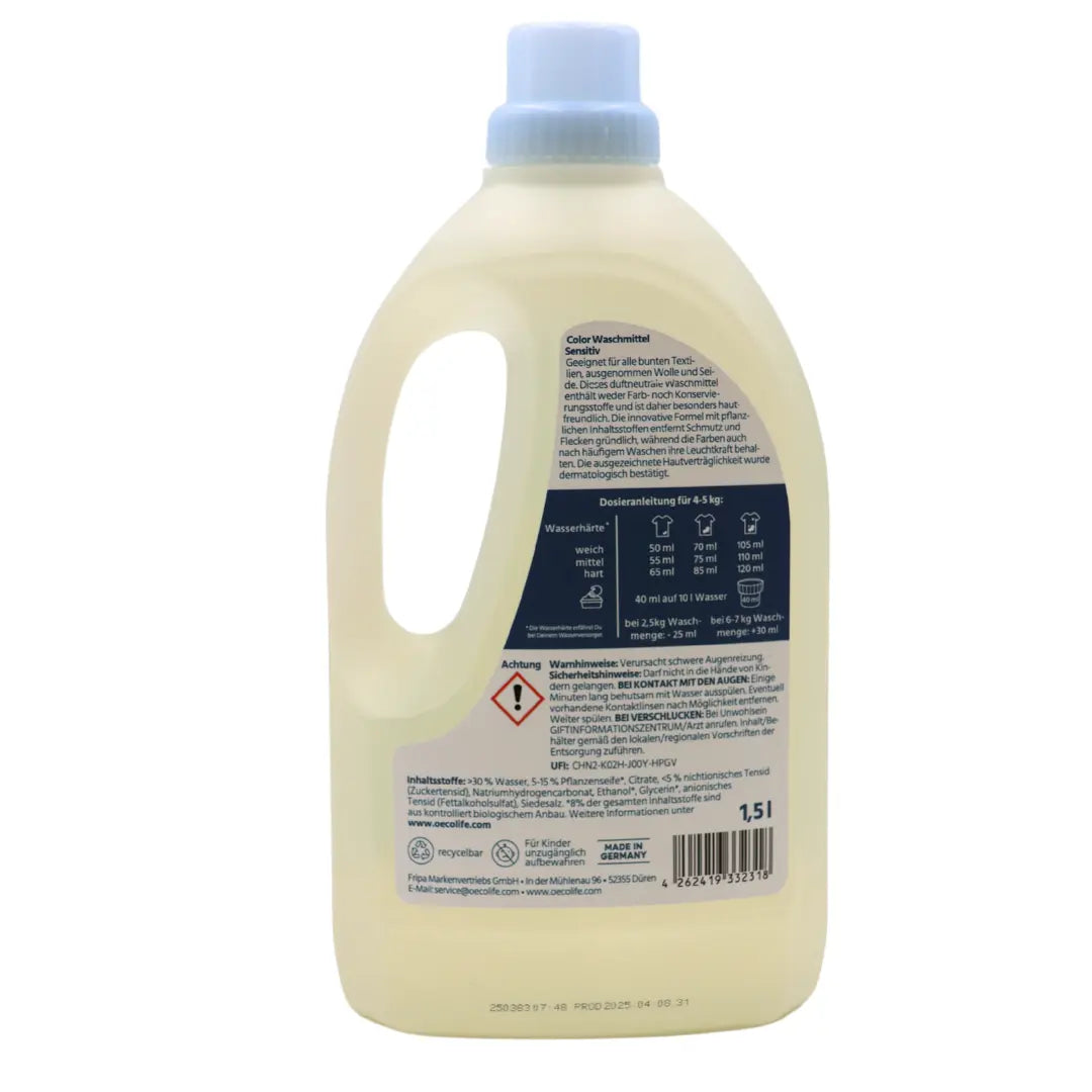 oecolife Waschmittel Sensitiv Rückseite mit Produktinformationen