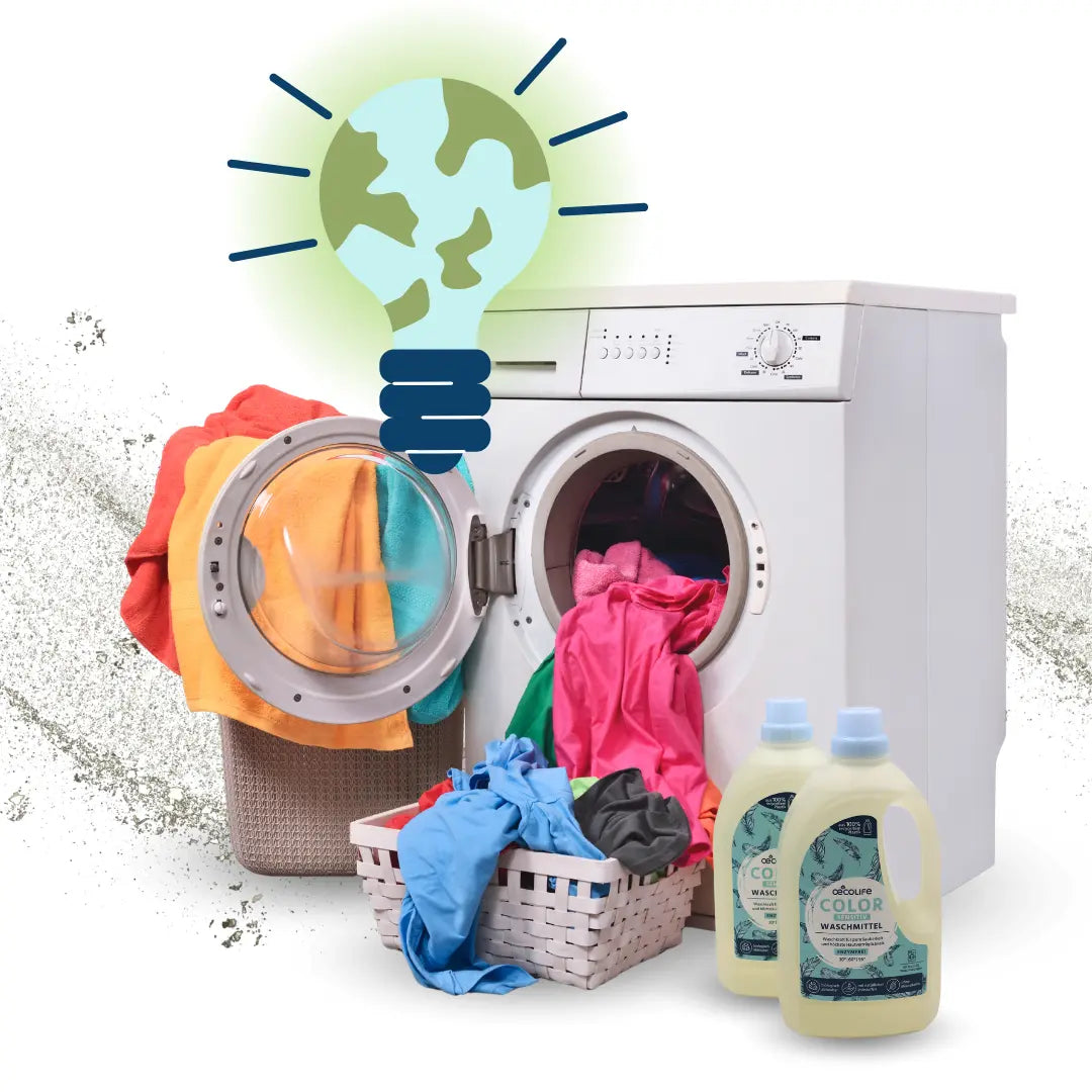 Waschmaschine mit einem Wäscheberg, Color Waschmittel Sensitiv und einer umweltfreundlichen Glühbirne