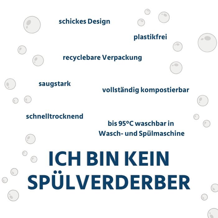 ich bin kein Spülverderber: schickes Design, komplett plastikfrei, saugstark, klimafreundlicher Versand, recycelbare Verpackung, vollständig kompostierbar, schnelltrocknend, bis 95 Grad waschbar in Wasch- und Spülmaschine, vegan